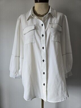 Karl Lagerfeld White Button-Up Blouse with Black Contrast Stitching. Size L